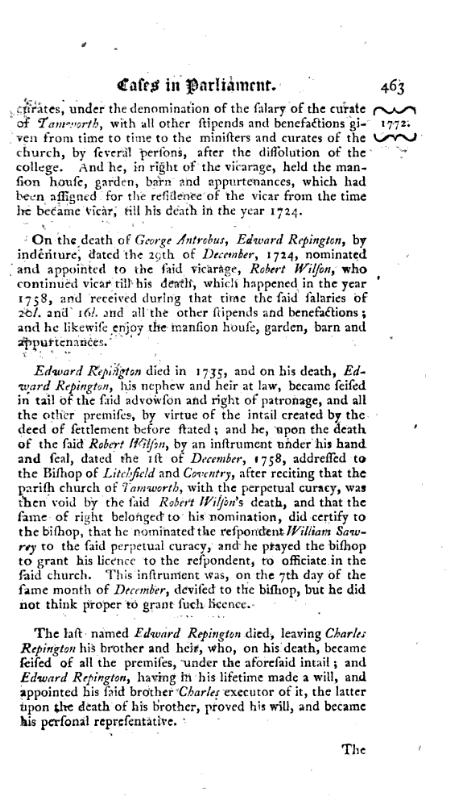 Reports of cases, upon appeals and writs of error, in the High Court of Parliament 1772 p.463